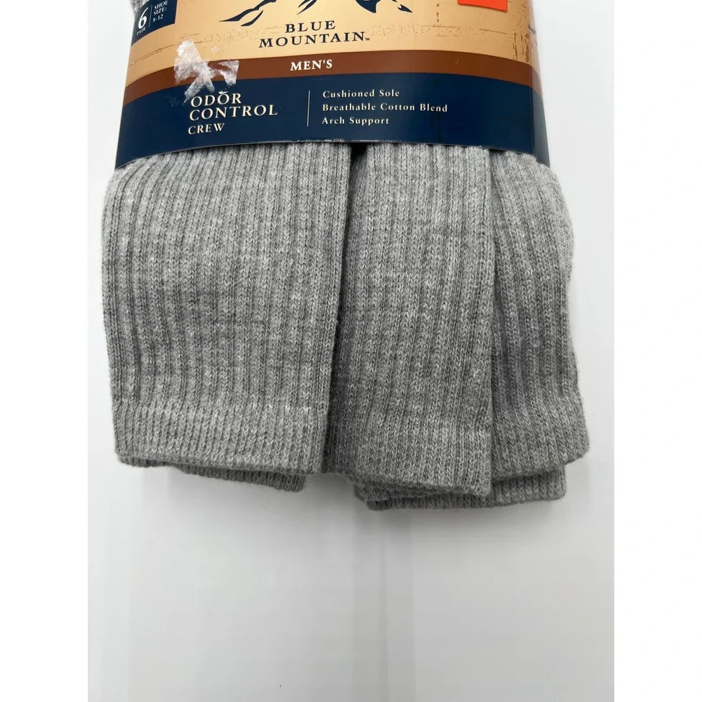 Blue Mountain Mens Odor Control Crew Socks 6 Pair Pack Grey Large Shoe Size 8-12